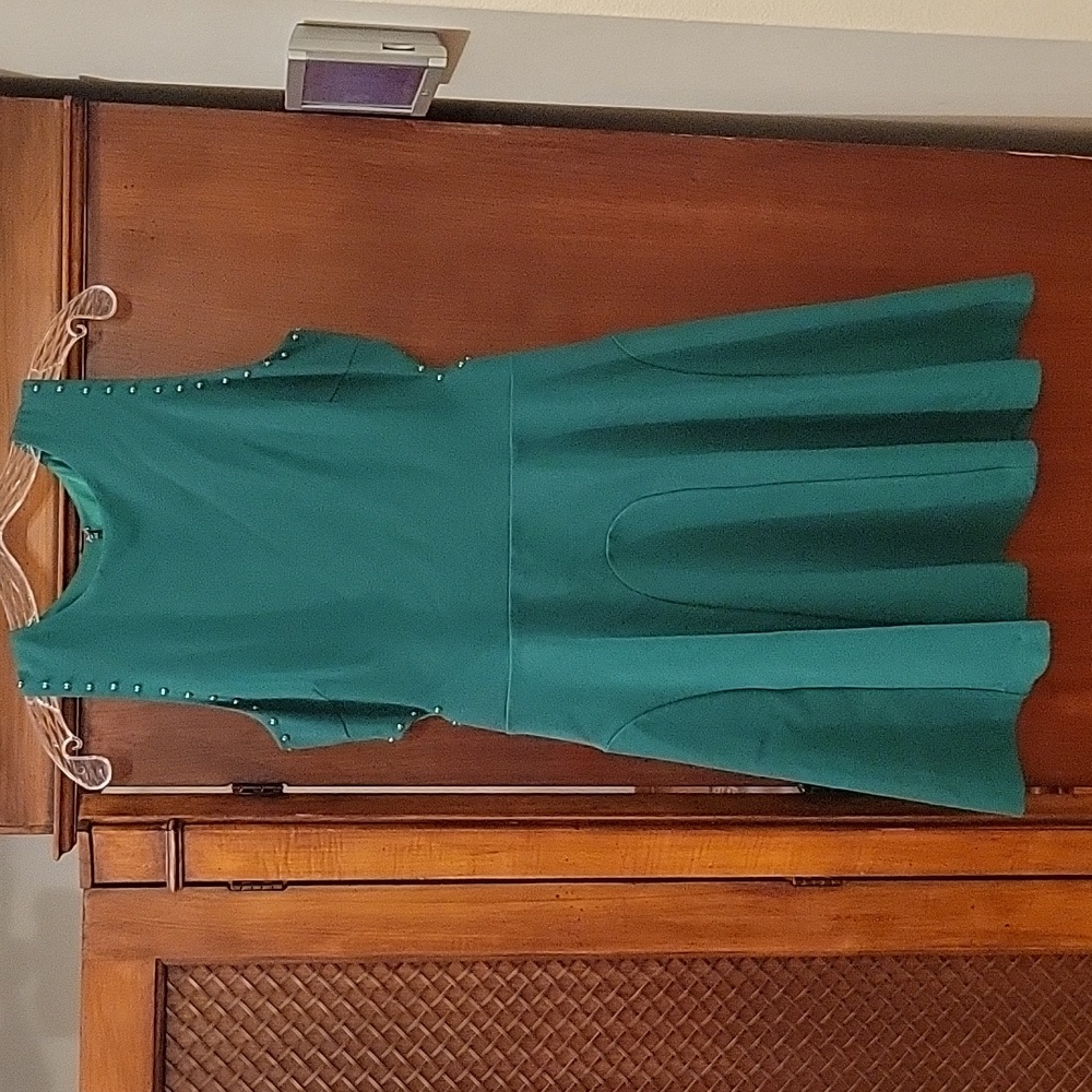 Adelyn Rae | Emerald Green Fit & Flare Dress with Beading & Side Cut Outs - S